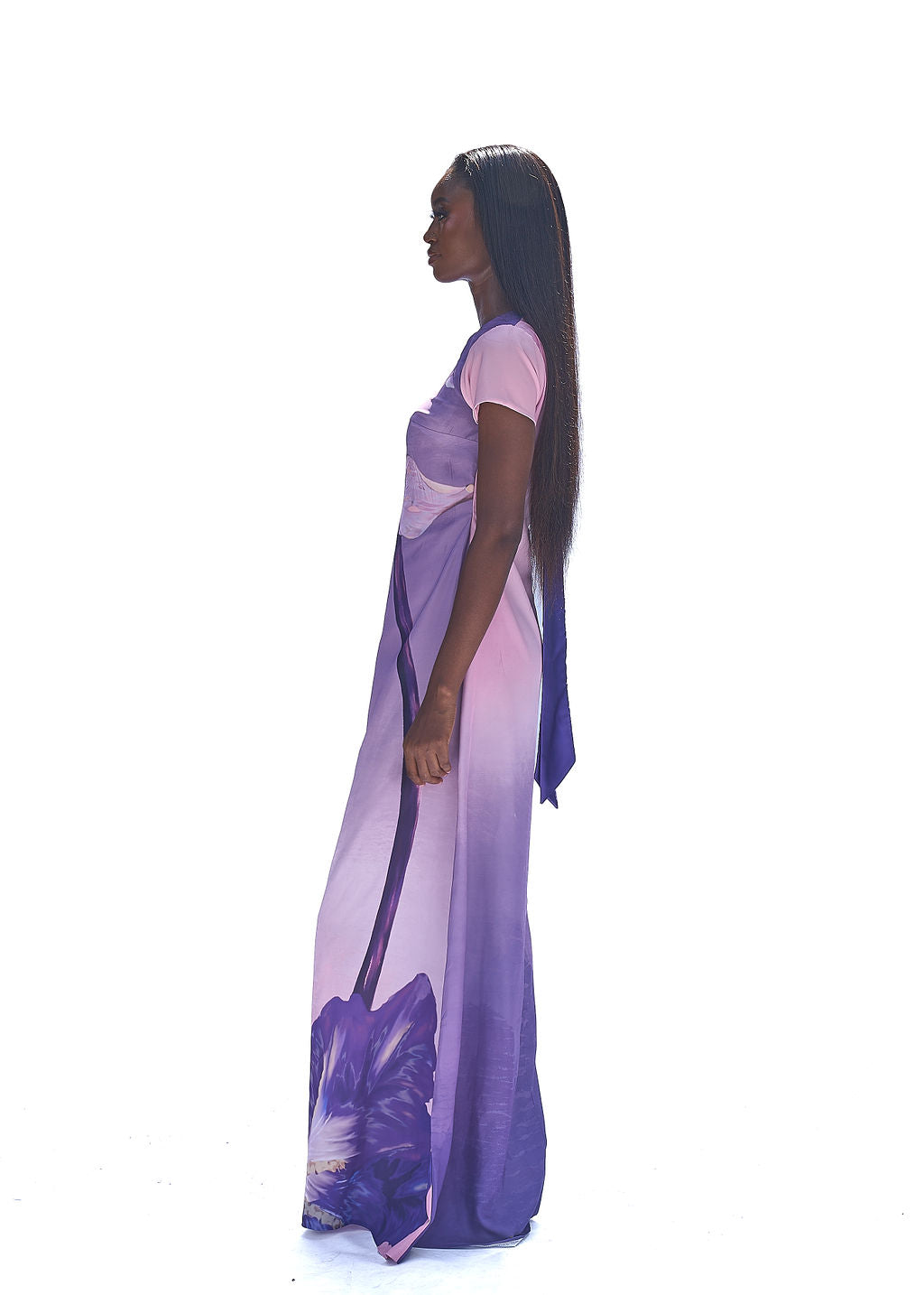 Satin maxi dress in pink and purple floral flowy one size style
