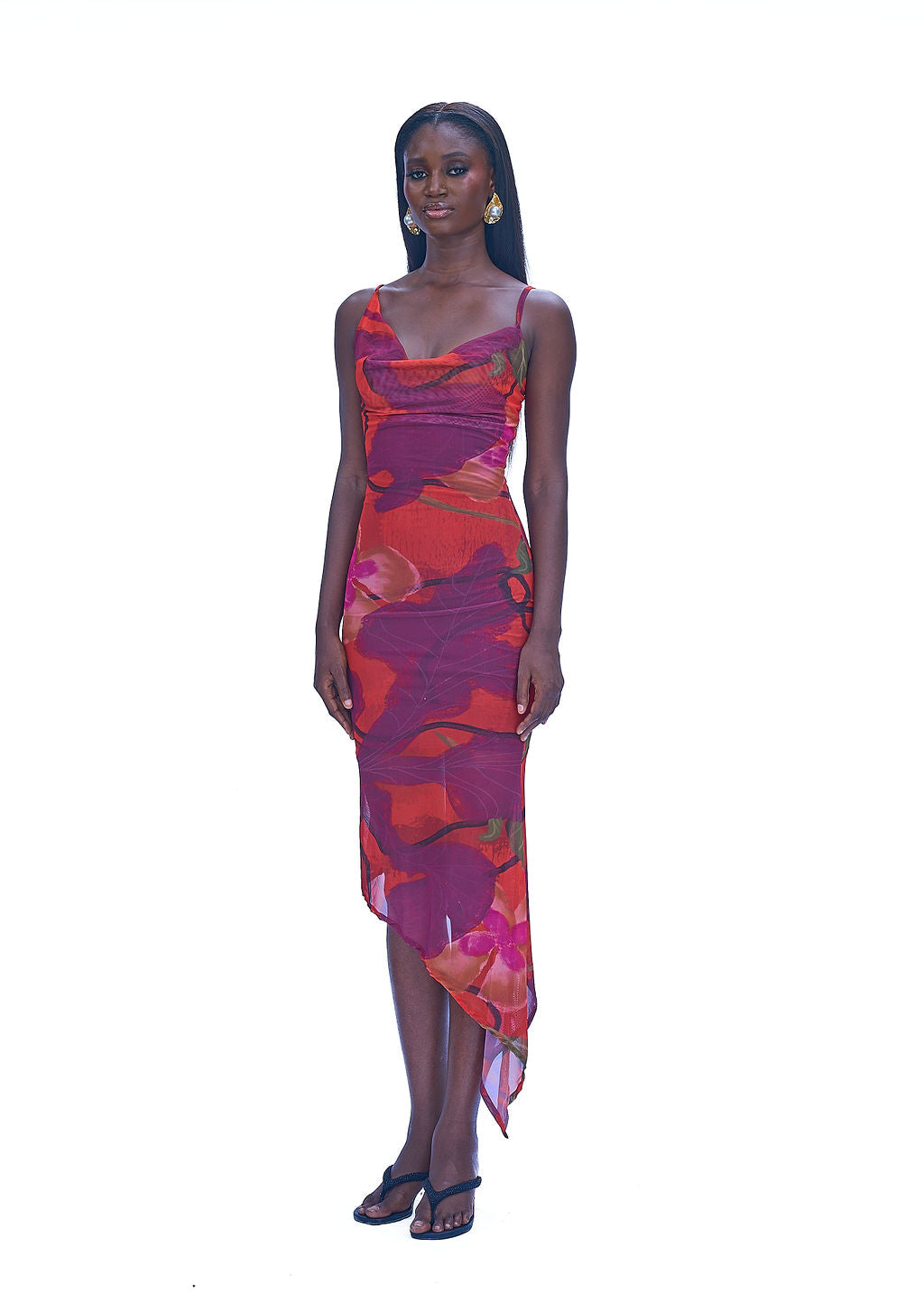 Bodycon mesh gown with draped neckline and asymmetric hem