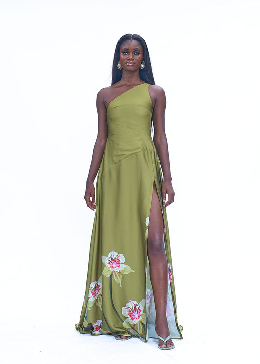 Flowy high slit organdy dress with asymmetric neckline