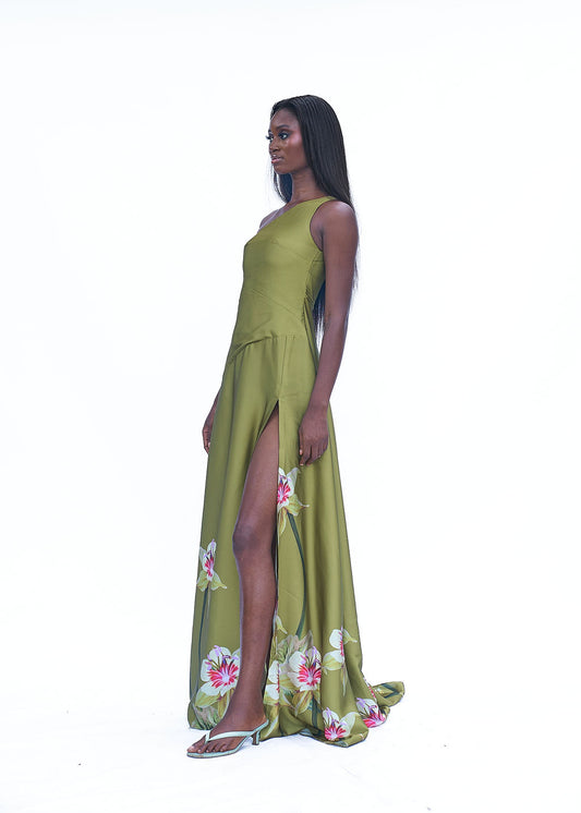 Flowy high slit organdy dress with asymmetric neckline