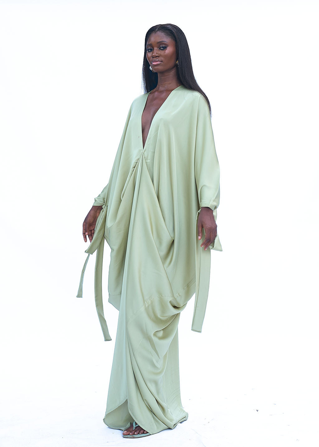 One size satin maxi dress with flowy drape and silk finish