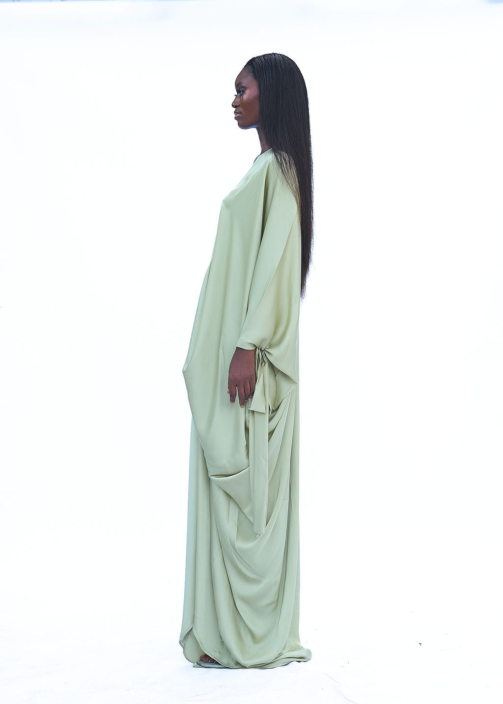 One size satin maxi dress with flowy drape and silk finish