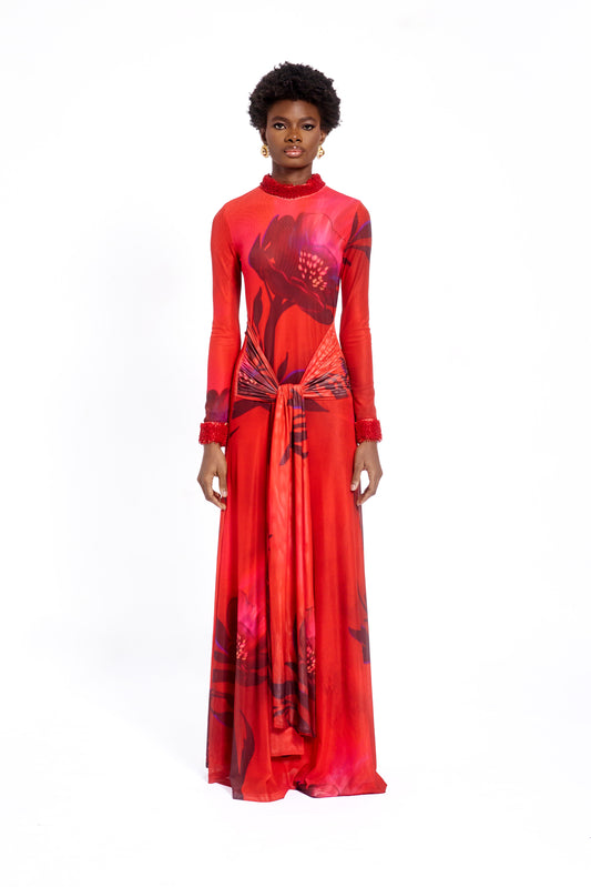 BEADED MESH DRESS- RED ALORA