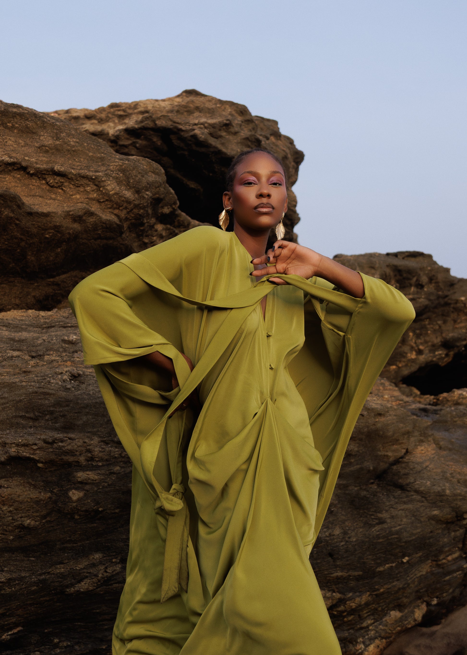 One size satin maxi dress with flowy drape and silk finish